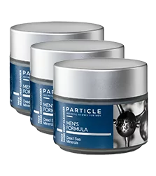 Three jurs of Particle face mask with blue and white packaging