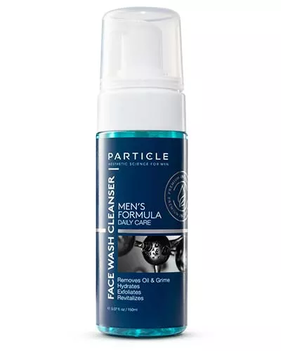 A blue bottle of Particle Face Wash Cleanser with white cap.