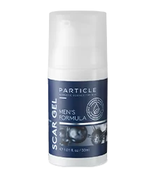 Particle Men's Formula Scar Gel in a pump bottle with a white cap
