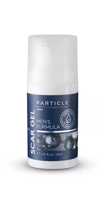 Pump bottle of Particle Men's Formula Scar Gel with a white cap.
