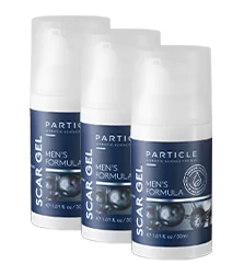 Three bottles of Particle Men's Formula Scar Gel standing diagonally.