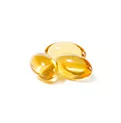 Three golden, oval-shaped capsules with oil vitamin.