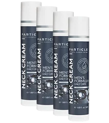 Four bottles of Particle Men’s Formula Daily Care Neck Cream standing diagonally.