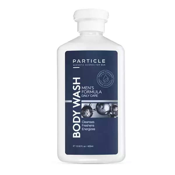 White bottle of Particle Men's Body Wash with blue label.