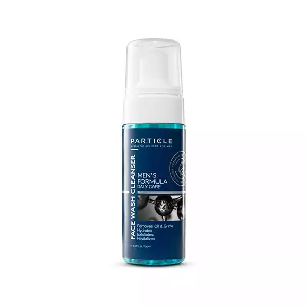 Clear cap bottle labeled Particle Face Wash Cleanser Men's Formula Daily Care