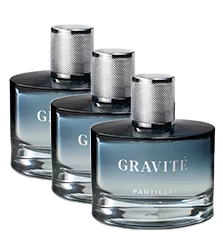 Three perfume bottles, labeled Gravité Particle, arranged diagonally.