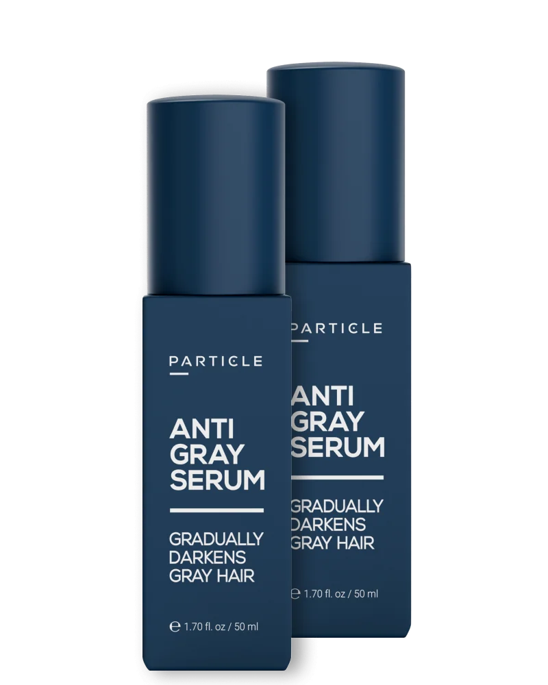 Two bottles of Particle anti-gray hair serum for men