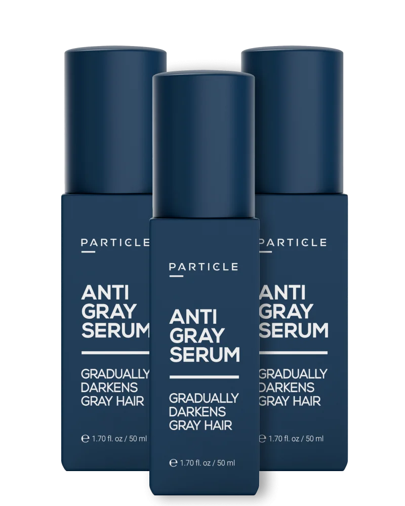 Three bottles of Particle anti-gray hair serum for men