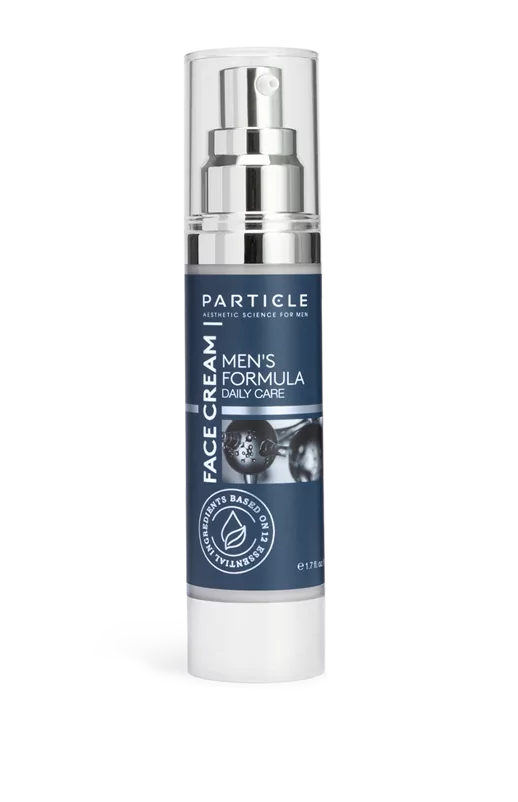 Particle For Men Face cream in white bottle with blue-gray label on white background.