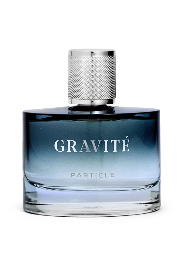 Perfume bottle with Gravité Particle label on a white background.