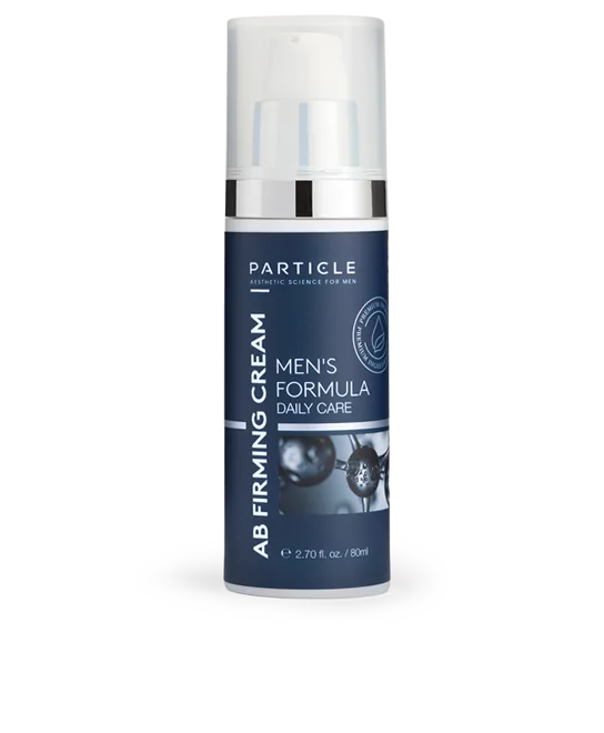 Particle For Men AB Firming cream in white bottle with blue-gray label on white background.